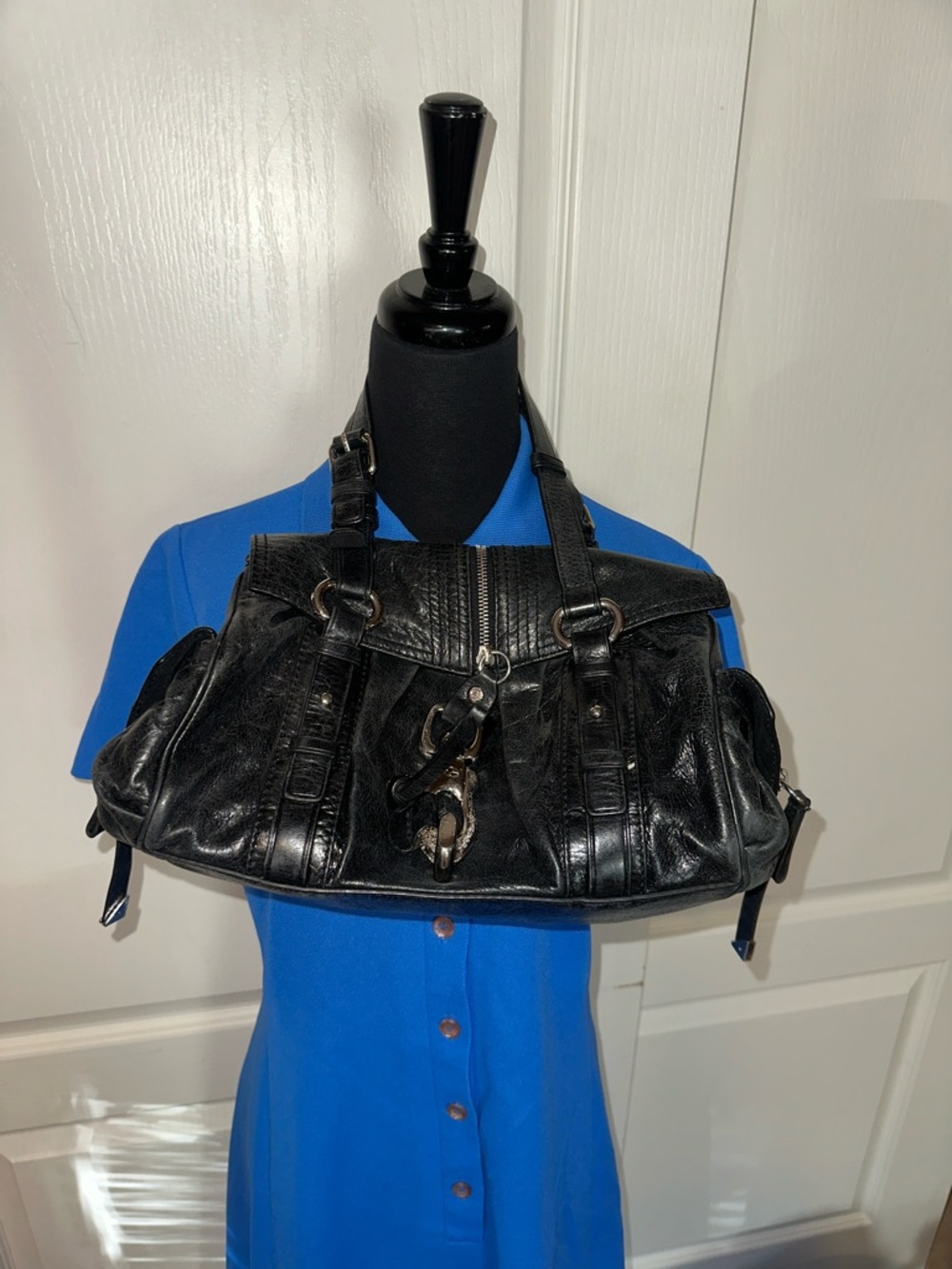 FRANCESCO BIASIA BLACK LEATHER SILVER HARDWARE PURSE handbag